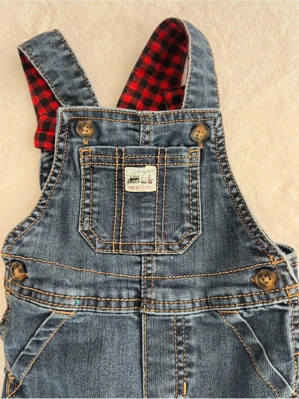 Carter's Kid Denim Overalls with Red Plaid Lining 9 Months
